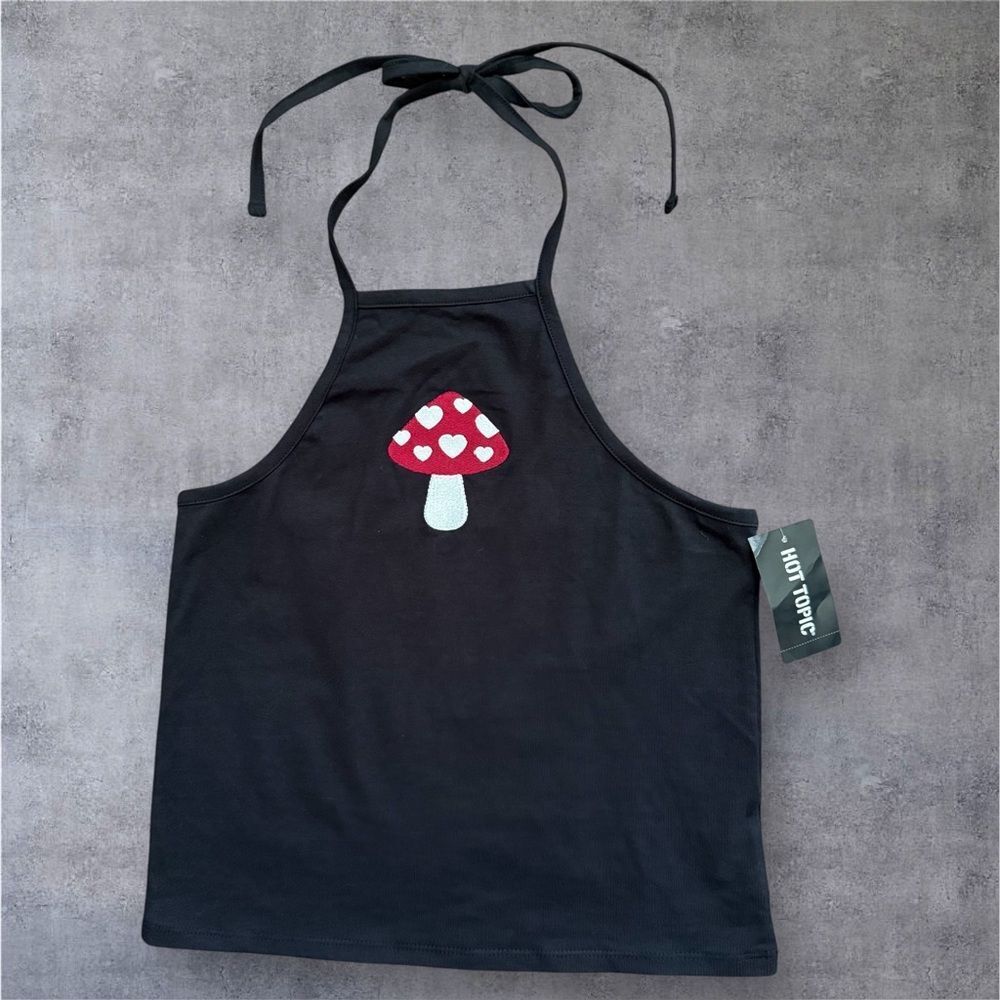 Hot Topic Mushroom Heart Halter Crop Tank Top Black Juniors Small NWT